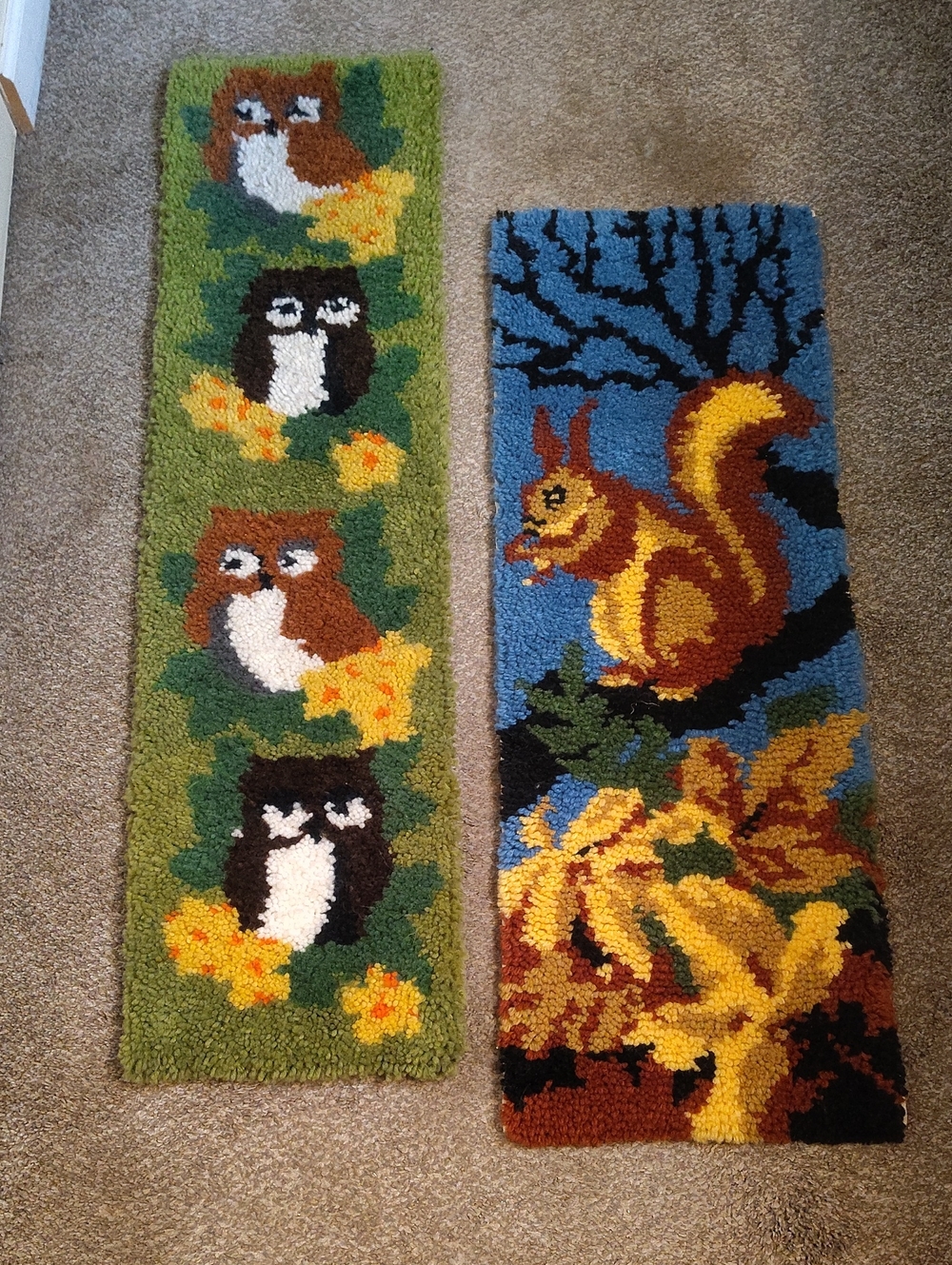 Vintage 1970s Handmade Latch Hook Owl And Squirrel Wall Hangings -